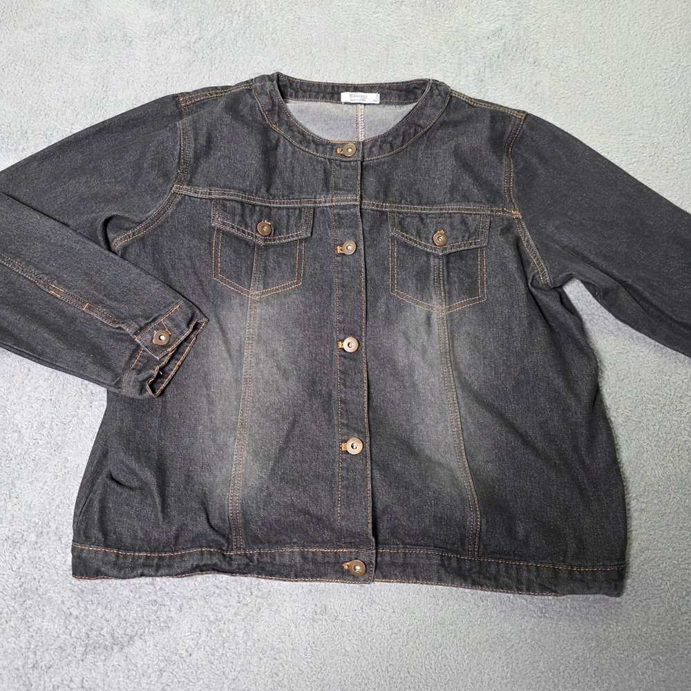 Mealeor Womens XL Denim Jacket Black Collarless Button Front Contrast Stitching